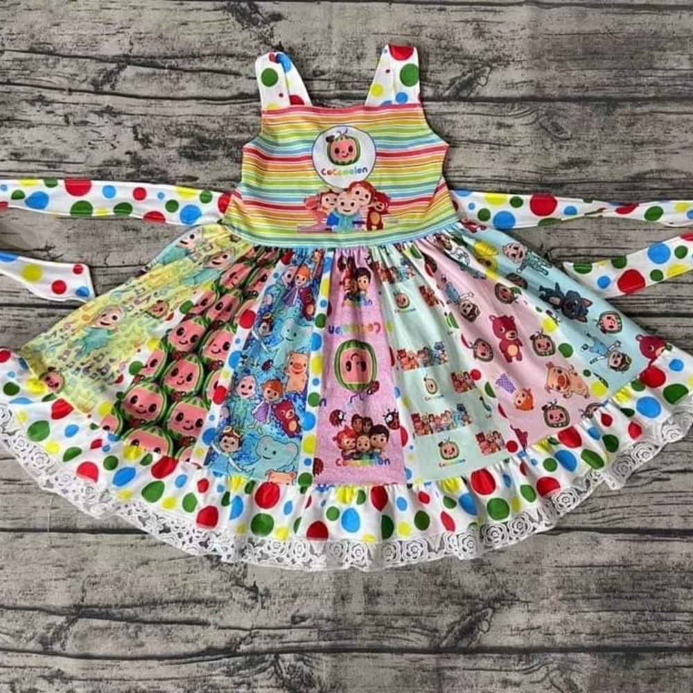 Multicolor Patchwork Girls Dress - Bright Rainbow Polka Dot big twirl